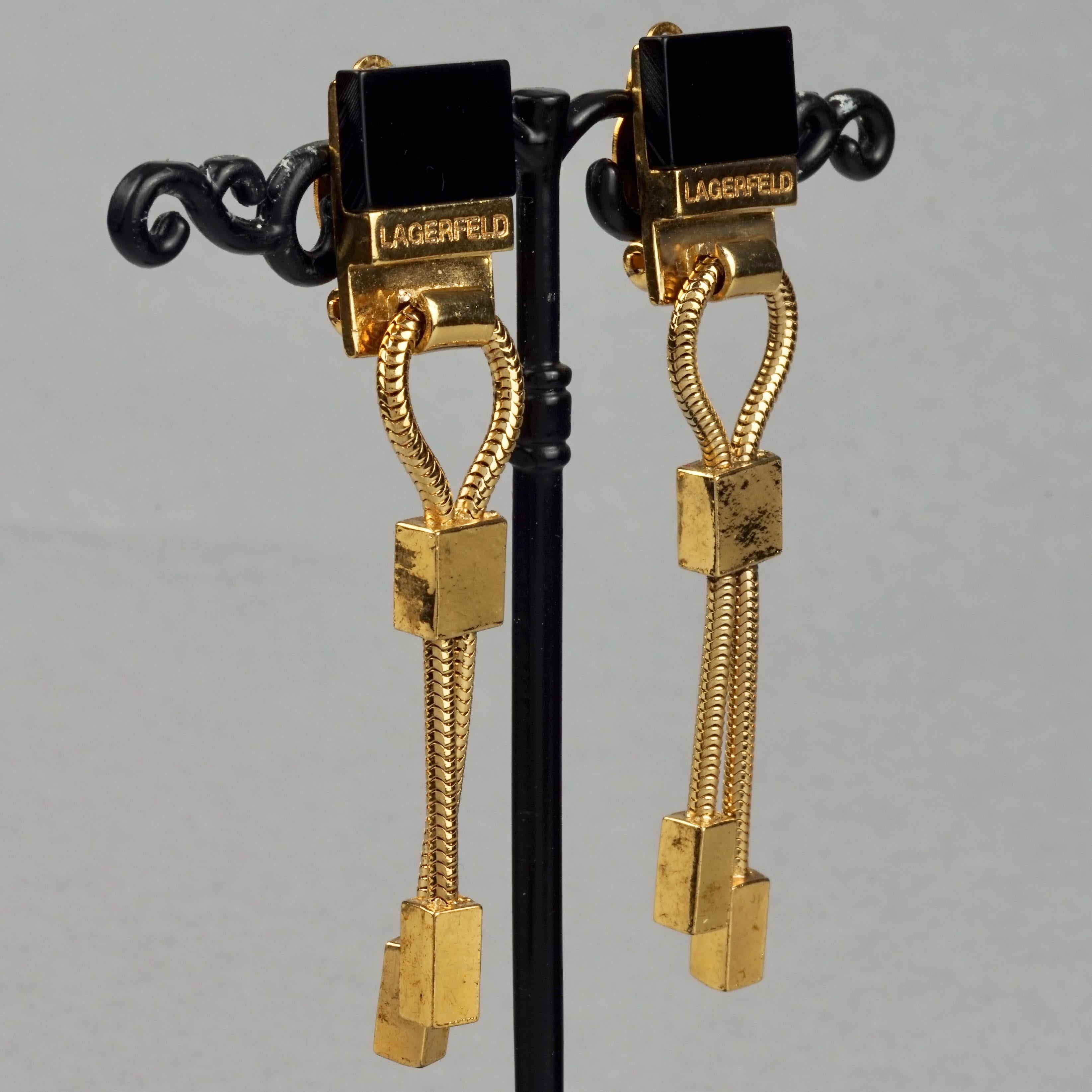 Vintage KARL LAGERFELD Logo Black Resin Hanging Chain Earrings For Sale 1