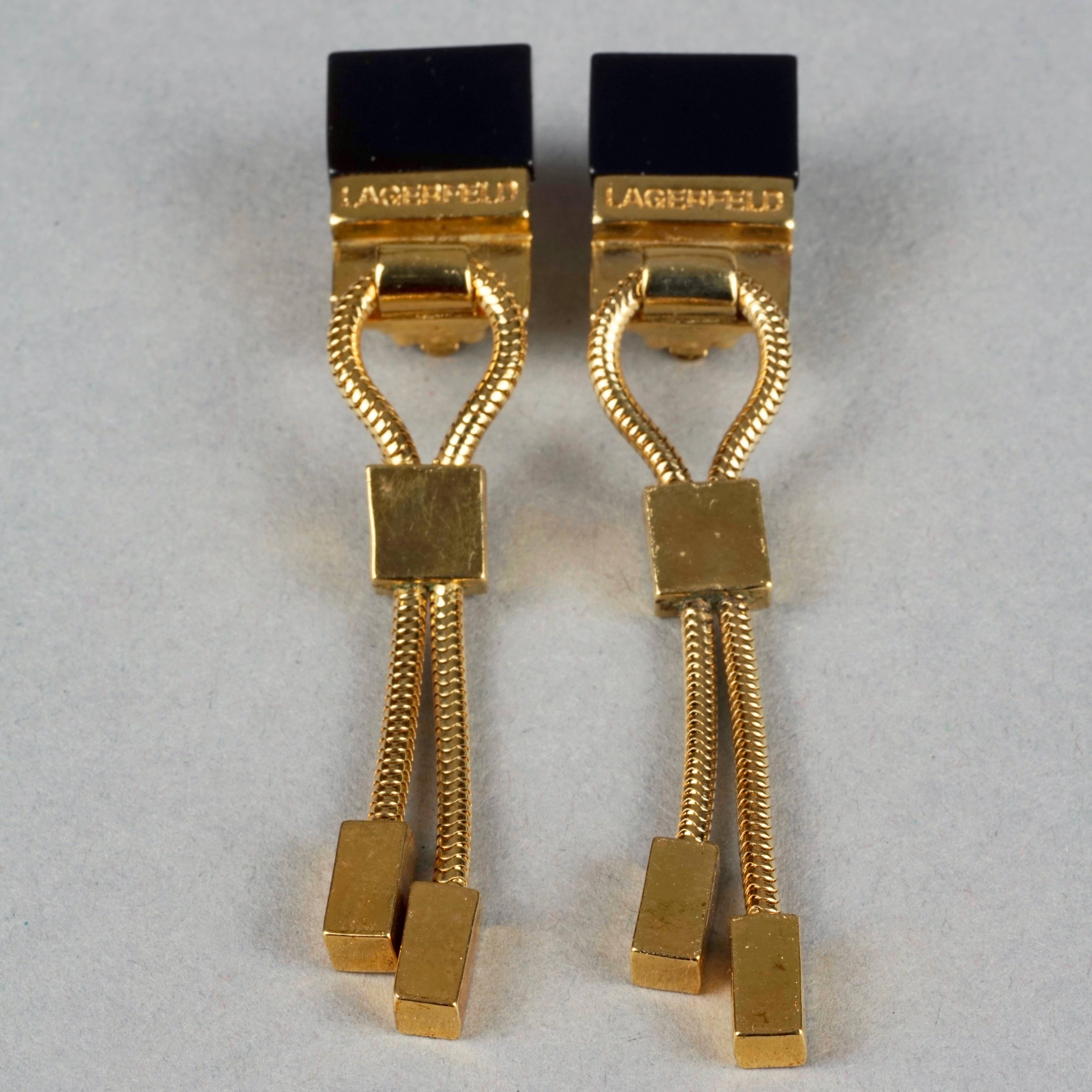Vintage KARL LAGERFELD Logo Black Resin Hanging Chain Earrings For Sale 2