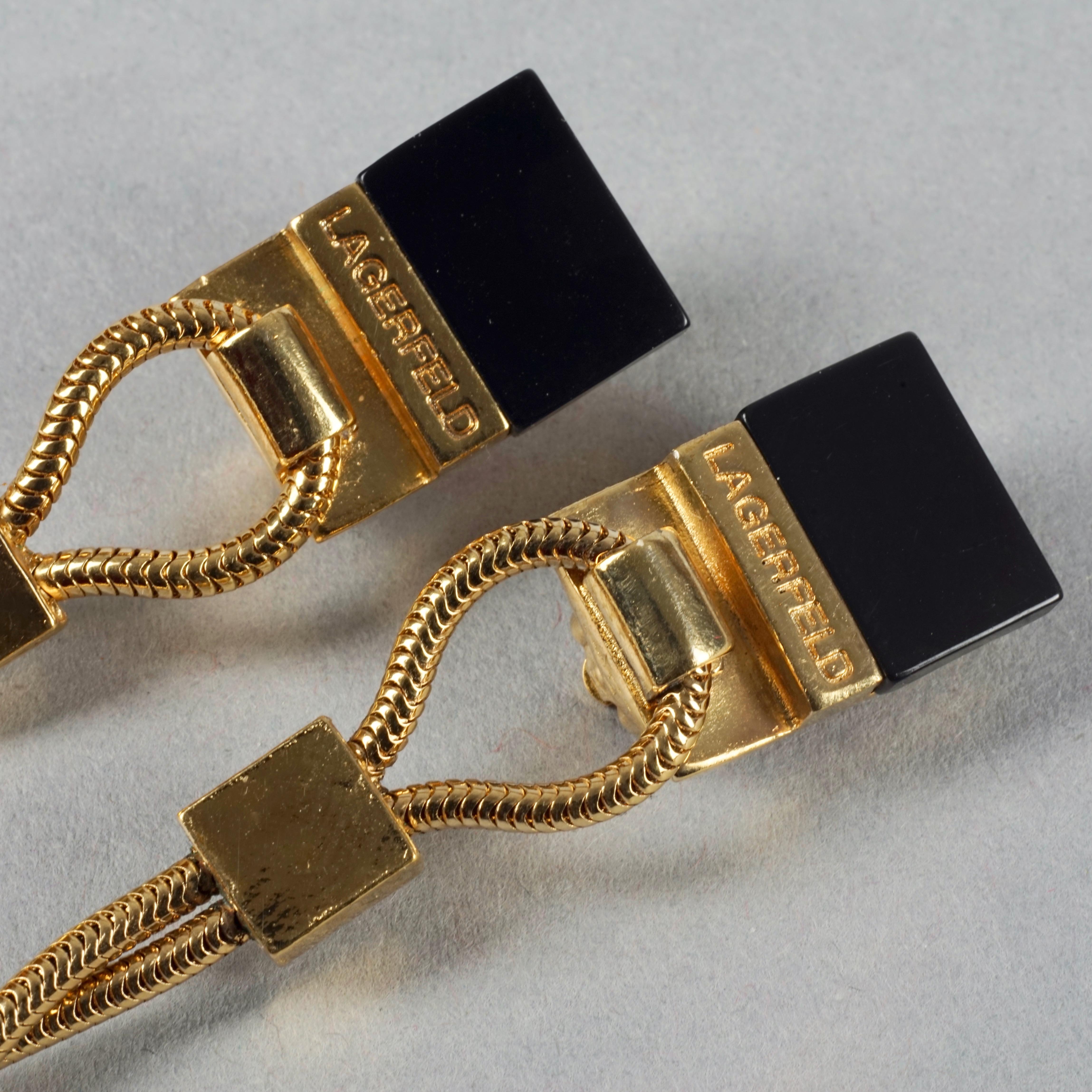 Vintage KARL LAGERFELD Logo Black Resin Hanging Chain Earrings For Sale 5