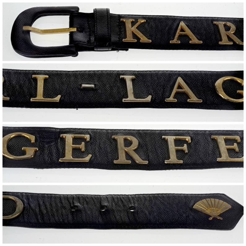 Black Vintage KARL LAGERFELD Logo Fan Spell Out Leather Belt For Sale