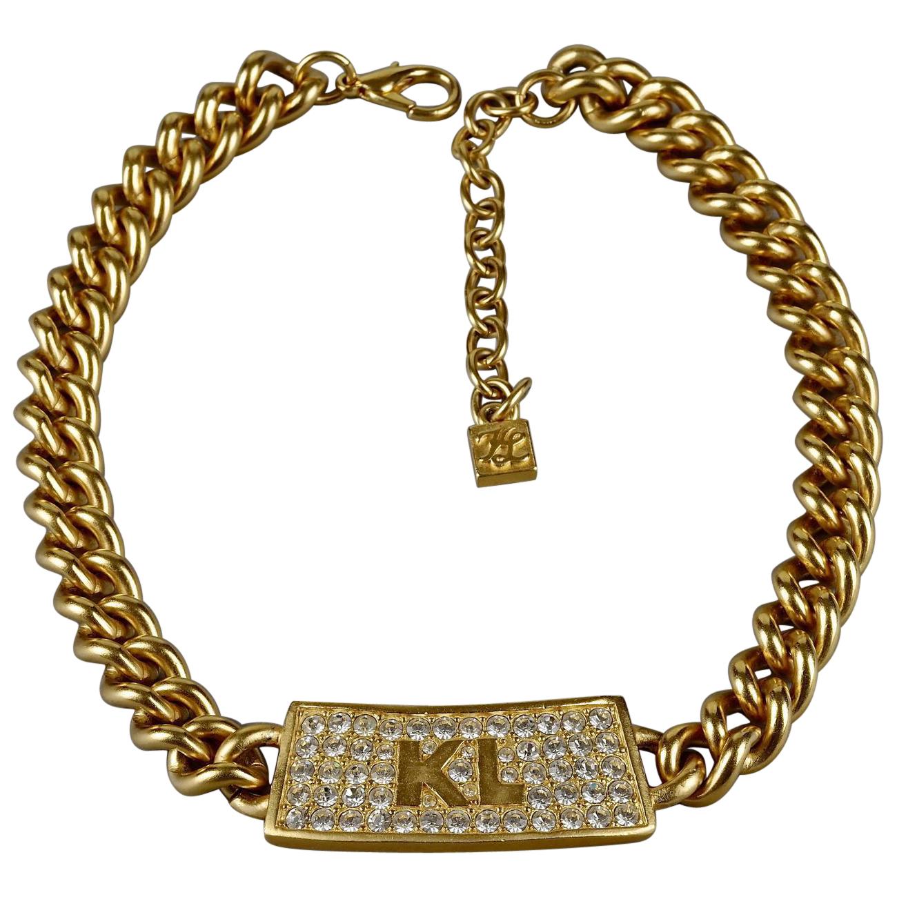 Vintage KARL LAGERFELD Logo ID Name Plate Choker Necklace For Sale