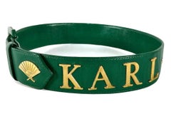 Vintage KARL LAGERFELD Logo Spelled Grain Leather Green Belt