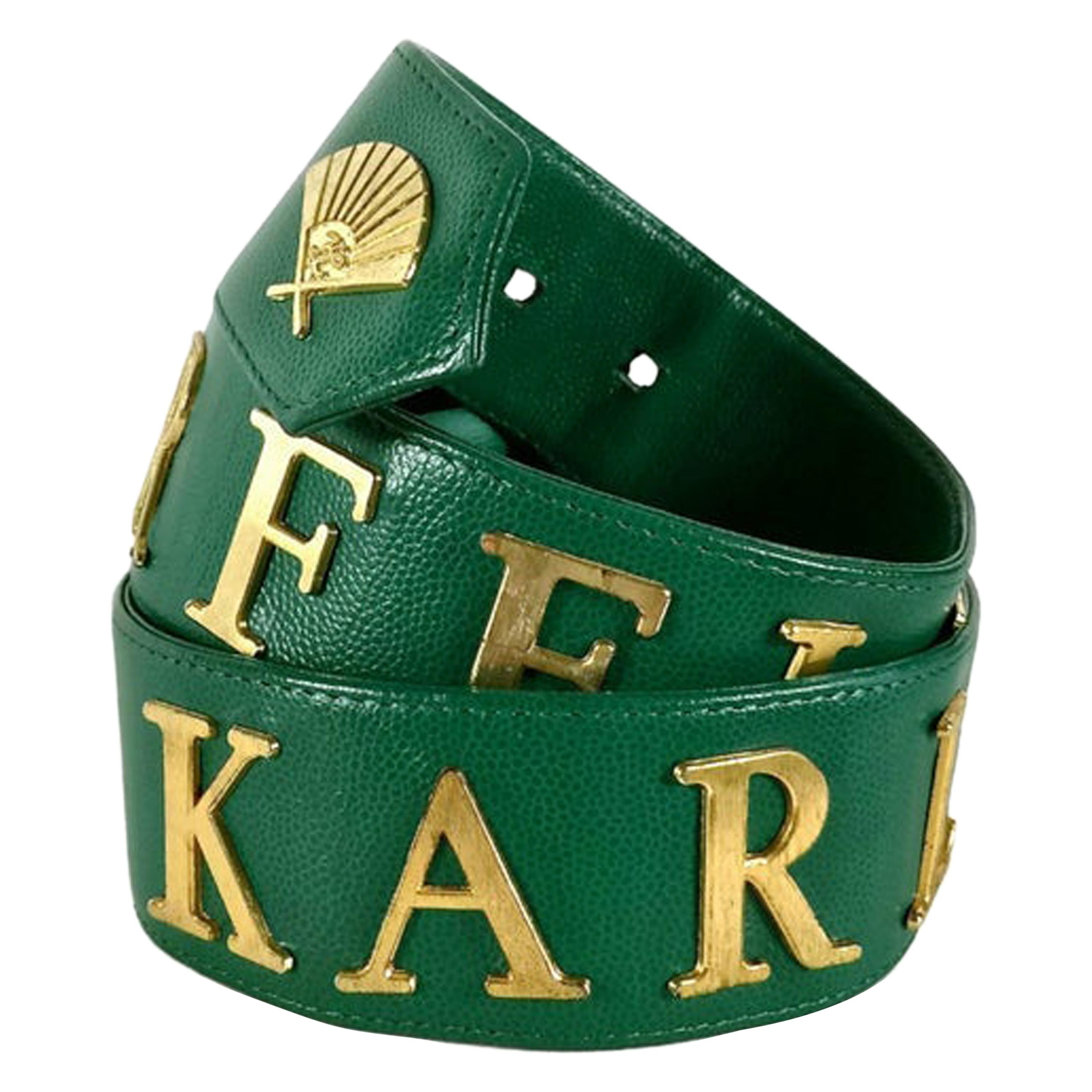 Vintage KARL LAGERFELD Logo Spelled Grain Leather Green Belt