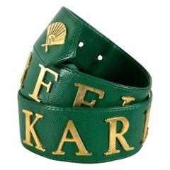 Vintage KARL LAGERFELD Logo Spelled Grain Leather Green Belt