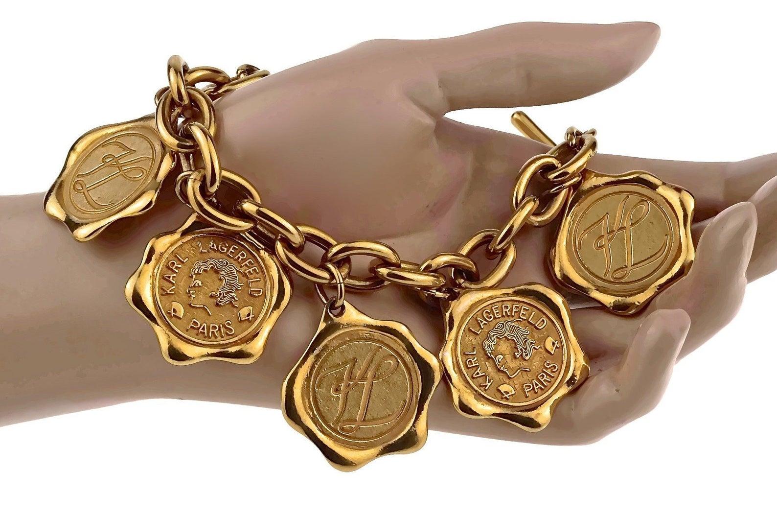 Vintage KARL LAGERFELD Logo Wax Seal Coin Medallion Charm Bracelet For Sale 2