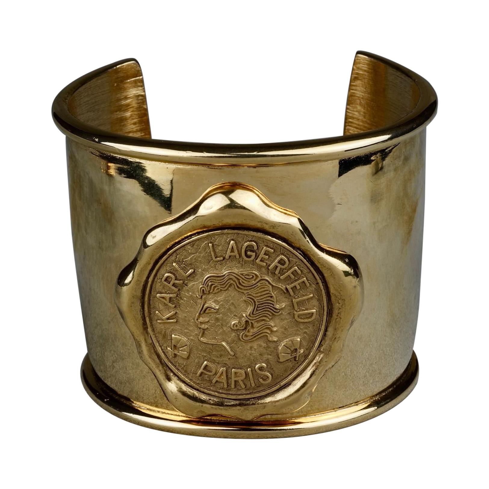 Vintage KARL LAGERFELD Logo Wax Seal Coin Medallion Cuff Bracelet For Sale