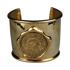 Vintage KARL LAGERFELD Logo Wax Seal Coin Medallion Cuff Bracelet