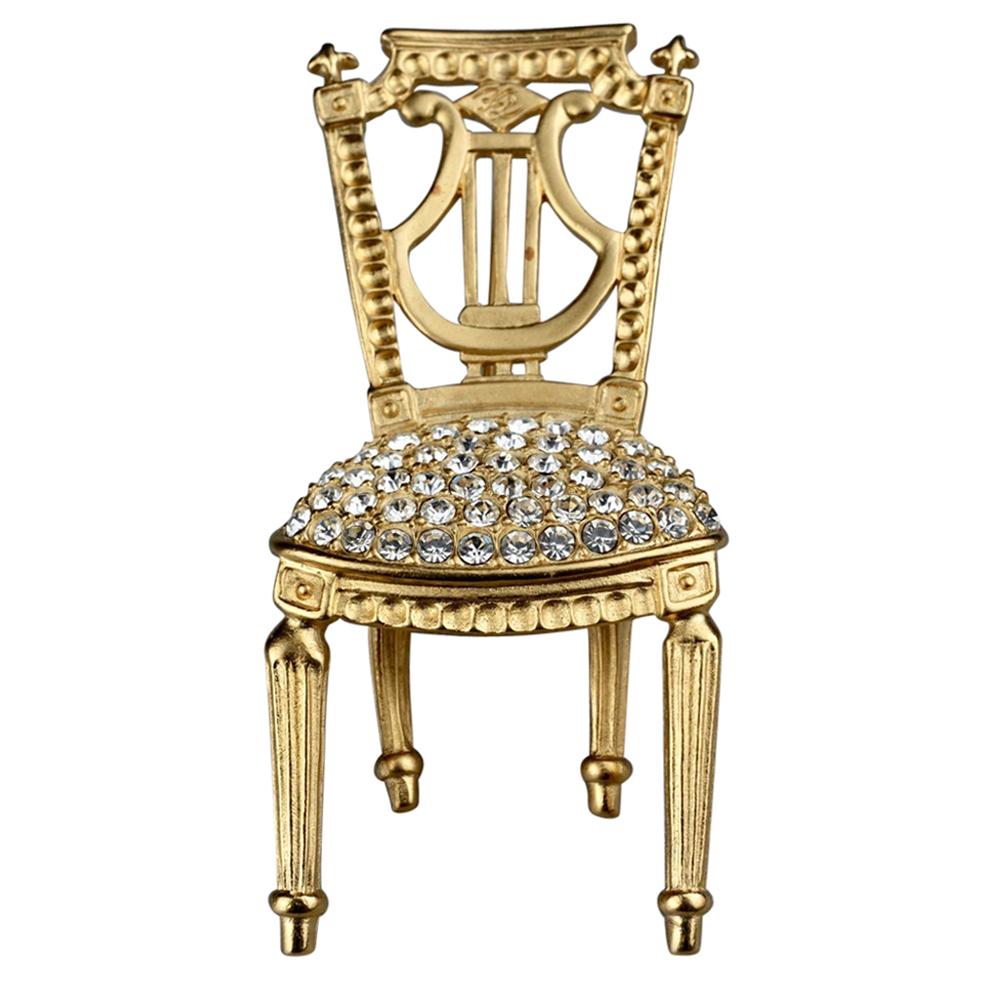 Vintage KARL LAGERFELD Lyre French Chair Rhinestone Brooch For Sale