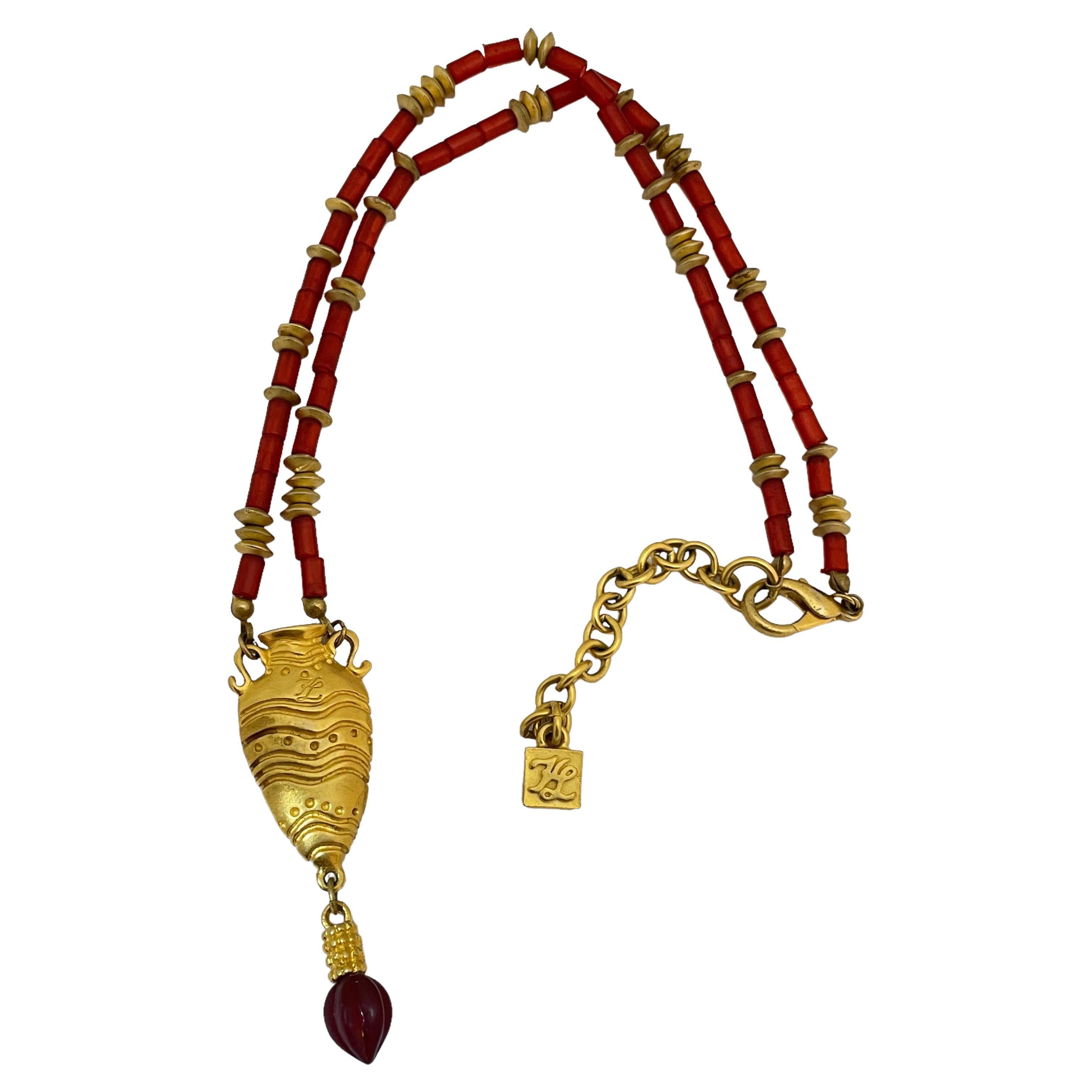 Vintage KARL LAGERFELD matte gold coral designer runway necklace For Sale