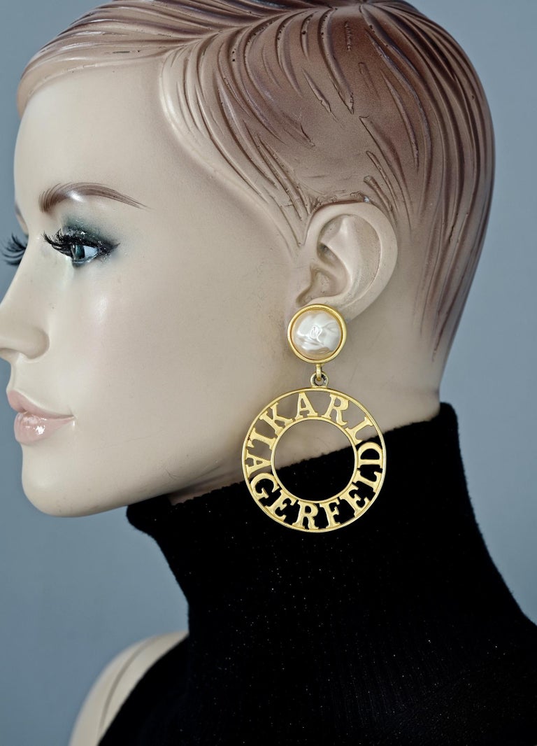 Vintage KARL LAGERFELD Pearl Spelled Out Openwork Hoop Dangling