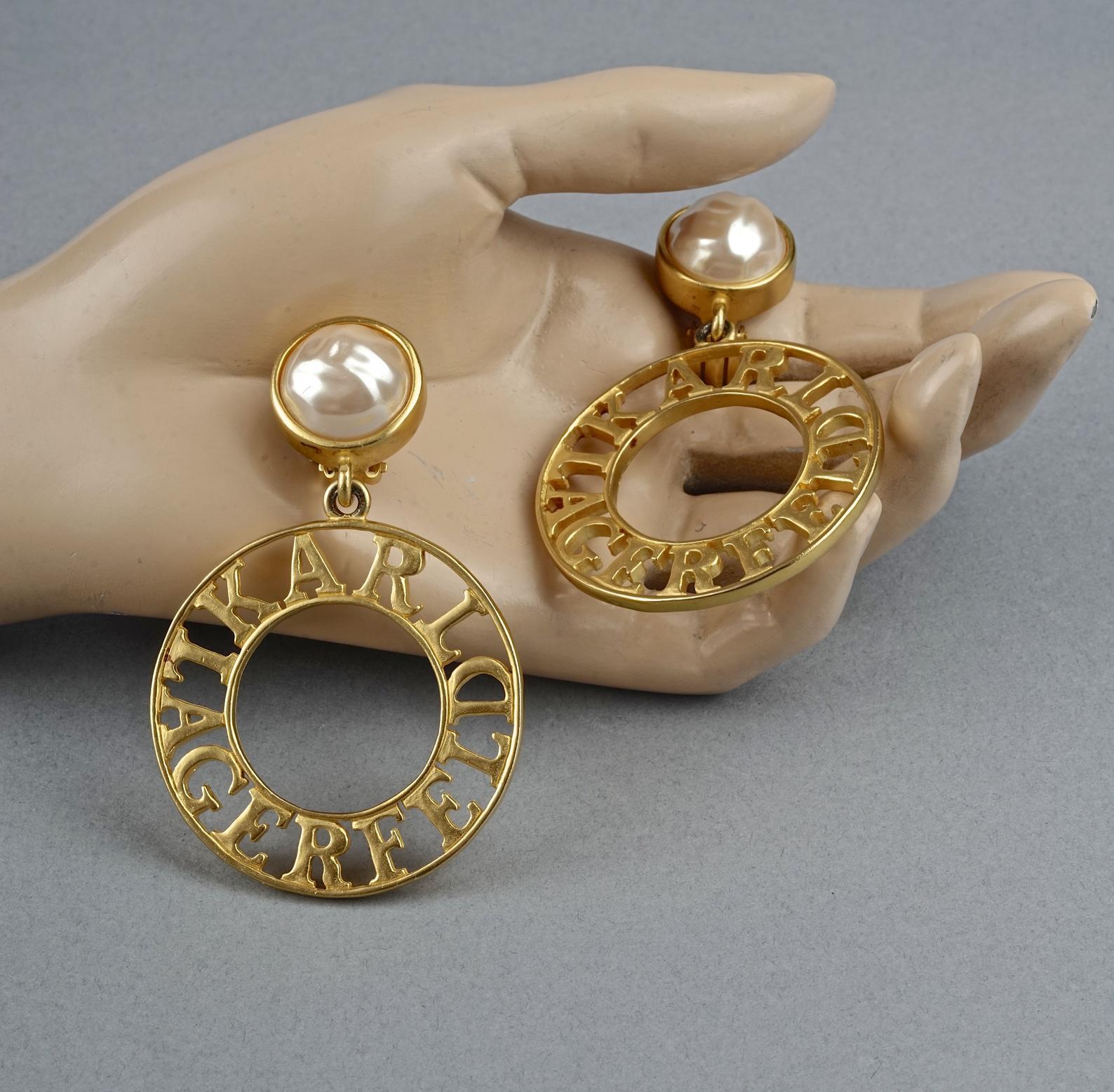 Vintage KARL LAGERFELD Pearl Spelled Out Openwork Hoop Dangling Earrings For Sale 1