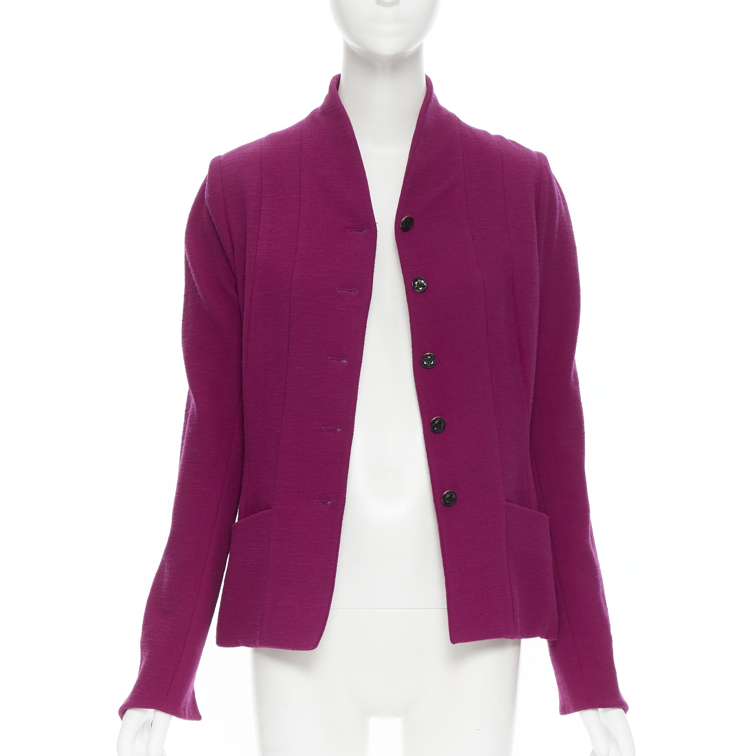 Purple vintage KARL LAGERFELD purple wool graphic button paneled blazer skirt suit FR36 For Sale