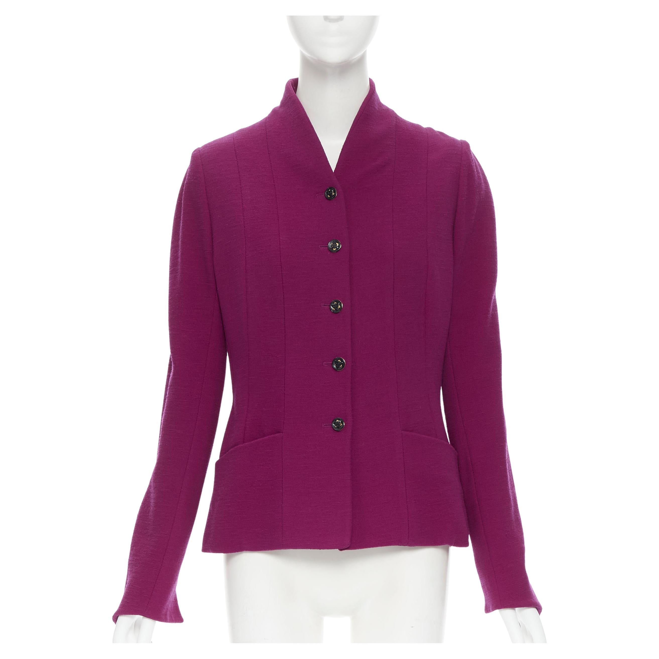 Tailleur blazer vintage KARL LAGERFELD en laine violette à panneaux graphiques et boutons FR36