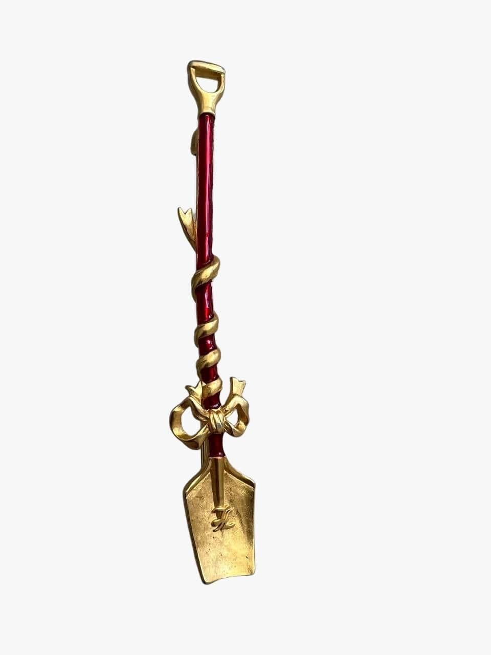 Art Nouveau Vintage Karl Lagerfeld Red Enamel Gold Plated Shovel Pin Brooch, 1990s For Sale