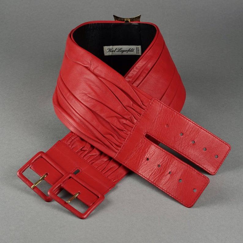 Vintage KARL LAGERFELD Red Wide Obi Leather Belt For Sale 1