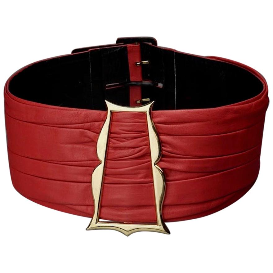 Vintage KARL LAGERFELD Red Wide Obi Leather Belt For Sale