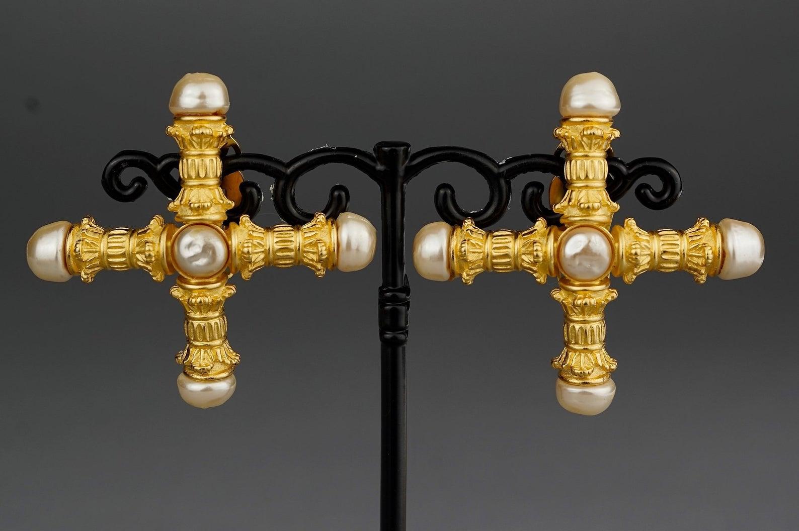 Vintage KARL LAGERFELD Roman Pillar Cross Pearl Earrings For Sale 1