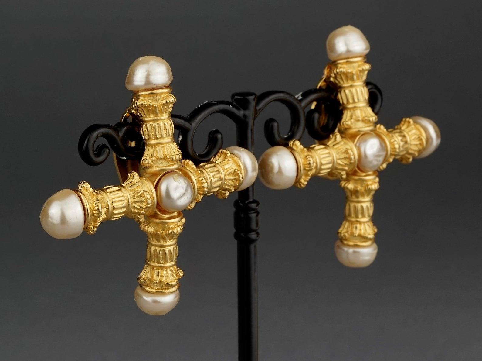 Vintage KARL LAGERFELD Roman Pillar Cross Pearl Earrings For Sale 3