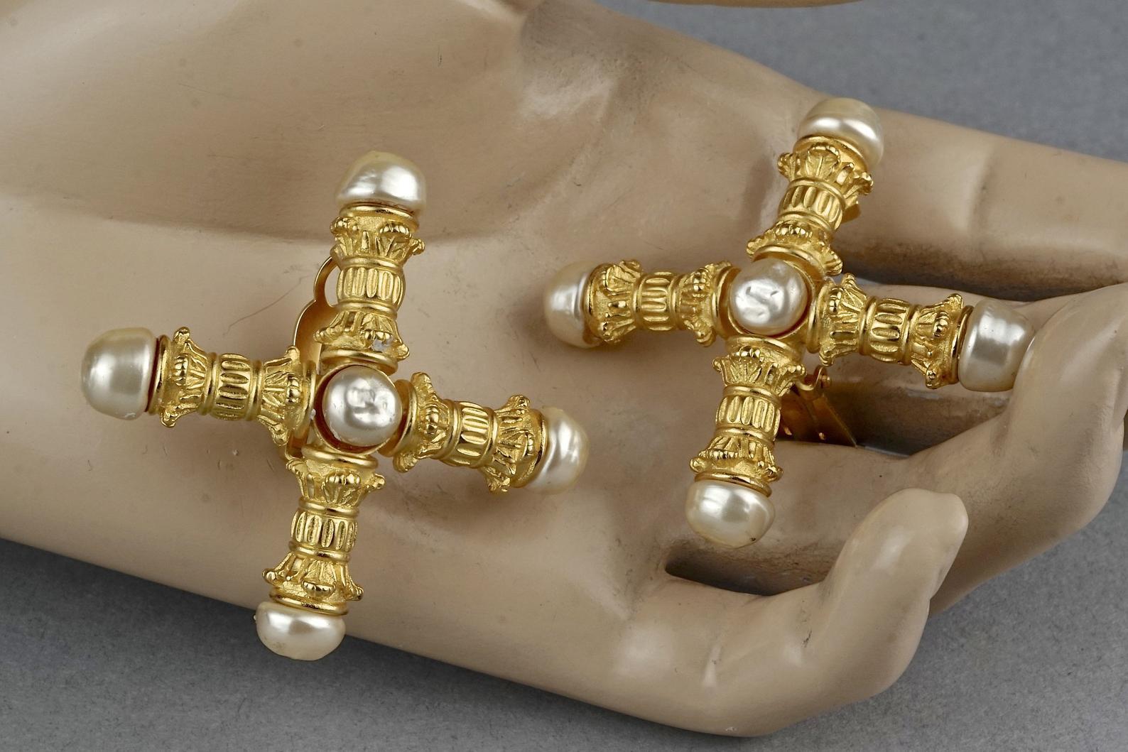 Vintage KARL LAGERFELD Roman Pillar Cross Pearl Earrings For Sale 5