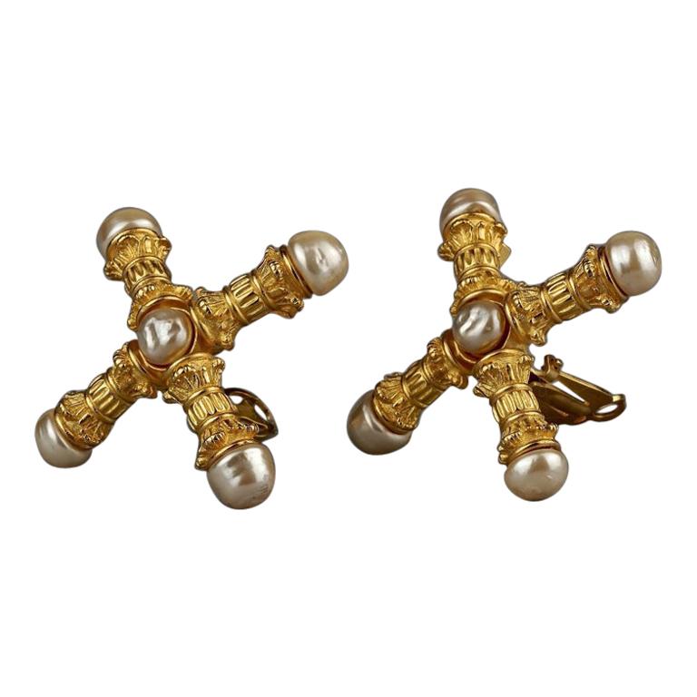 Vintage KARL LAGERFELD Roman Pillar Cross Pearl Earrings For Sale