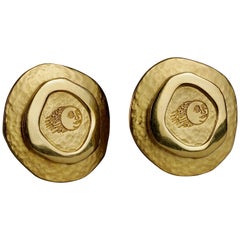 Vintage KARL LAGERFELD Sun Face Novelty Medallion Disc Earrings