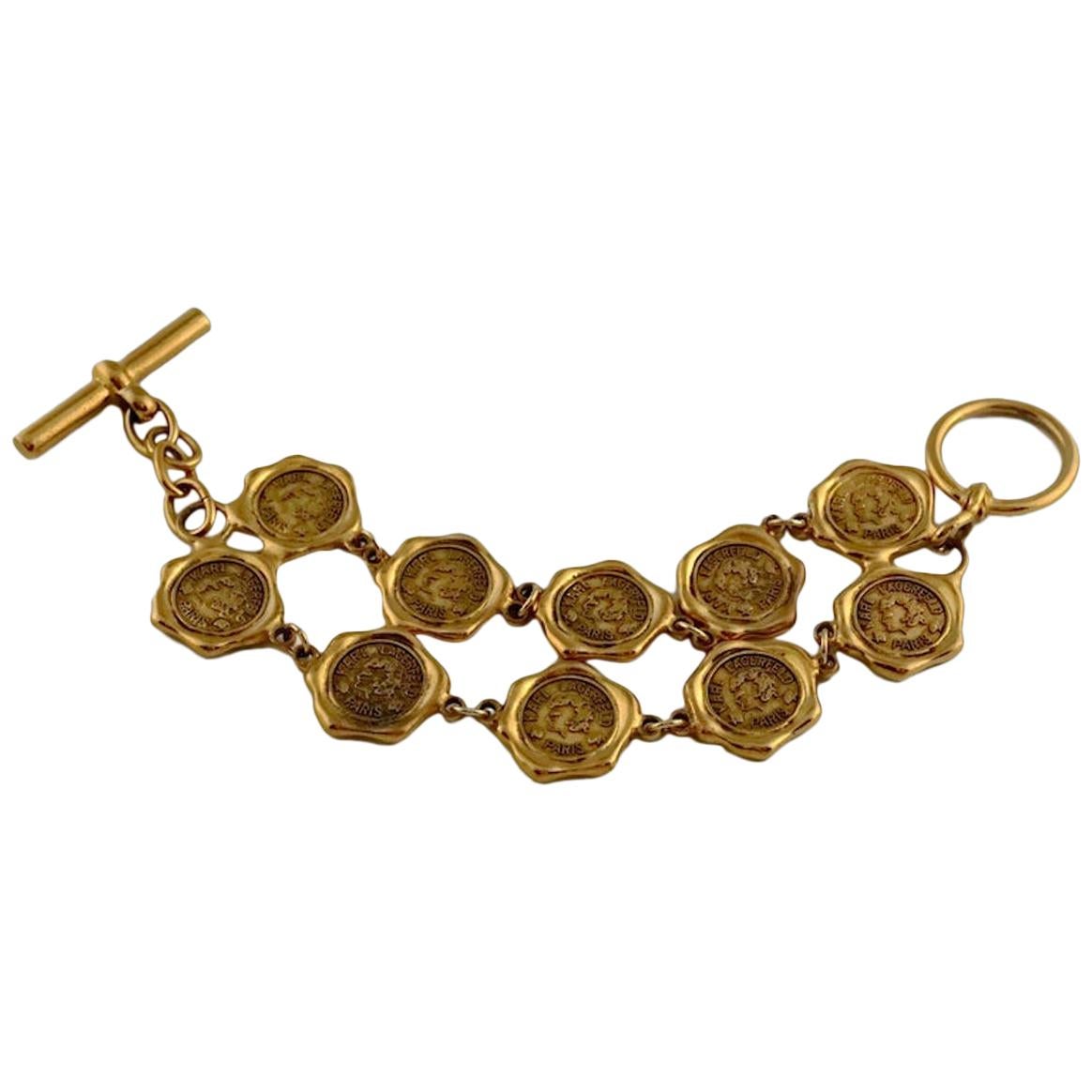 Pre-owned Karl Lagerfeld Vintage Tiered Wax Seal Logo Coin Medallion Bracelet In Brown