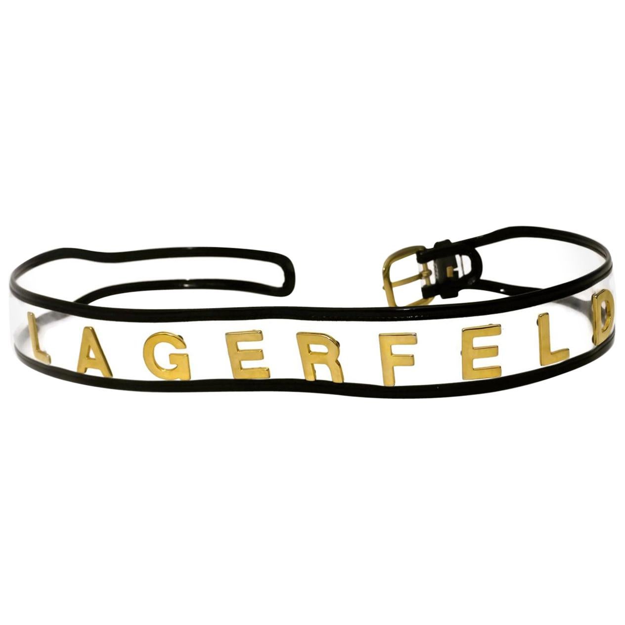 Vintage KARL LAGERFELD Transparent Gold Letter Belt For Sale