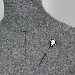 Vintage KARL LAGERFELD White Cabochon Rhinestone Gunmetal Hat Stick Brooch