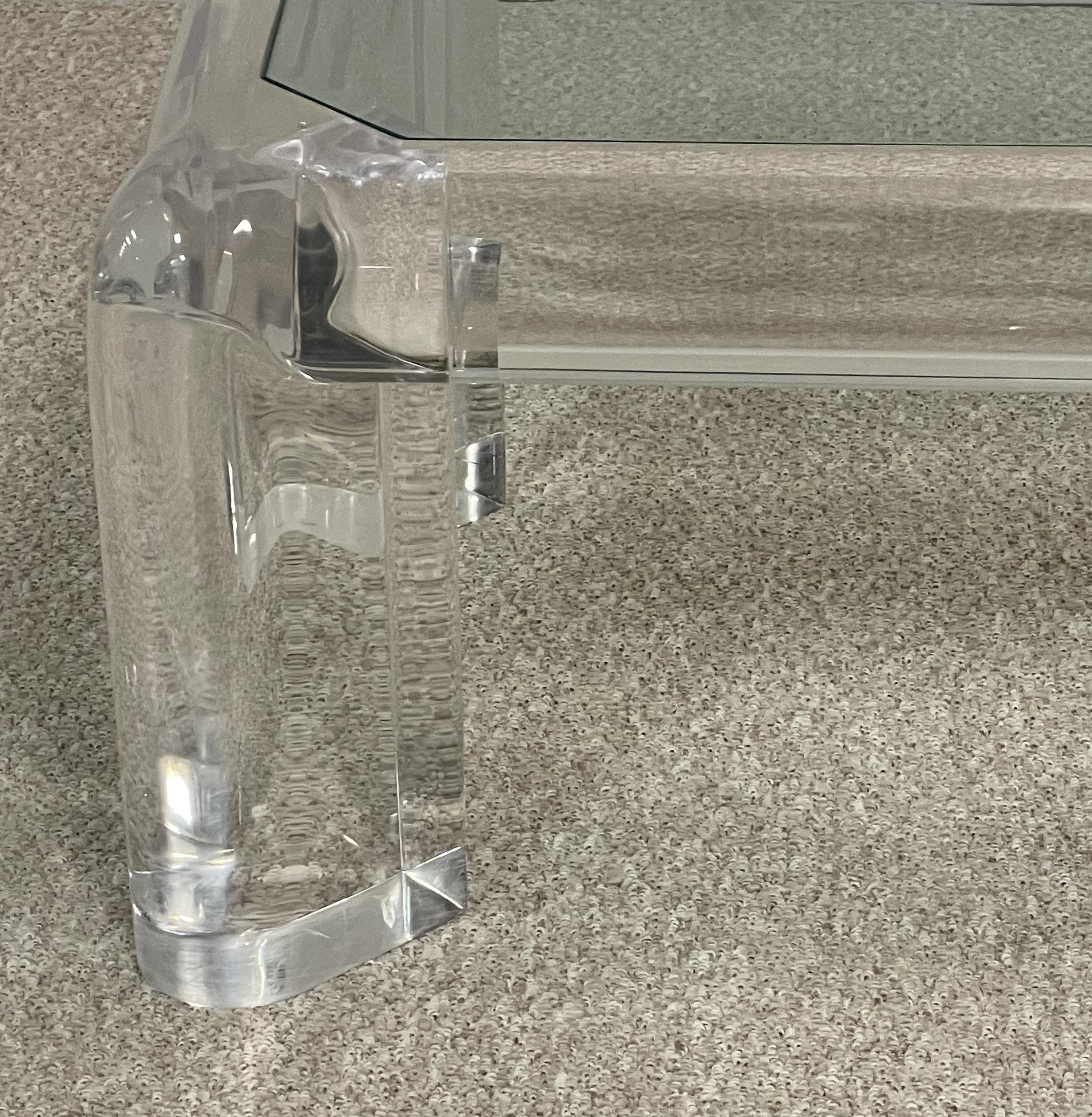 Vintage acrylic and glass coffee table by Karl Springer. Heavy cast acrylic, original green tint with 1/2