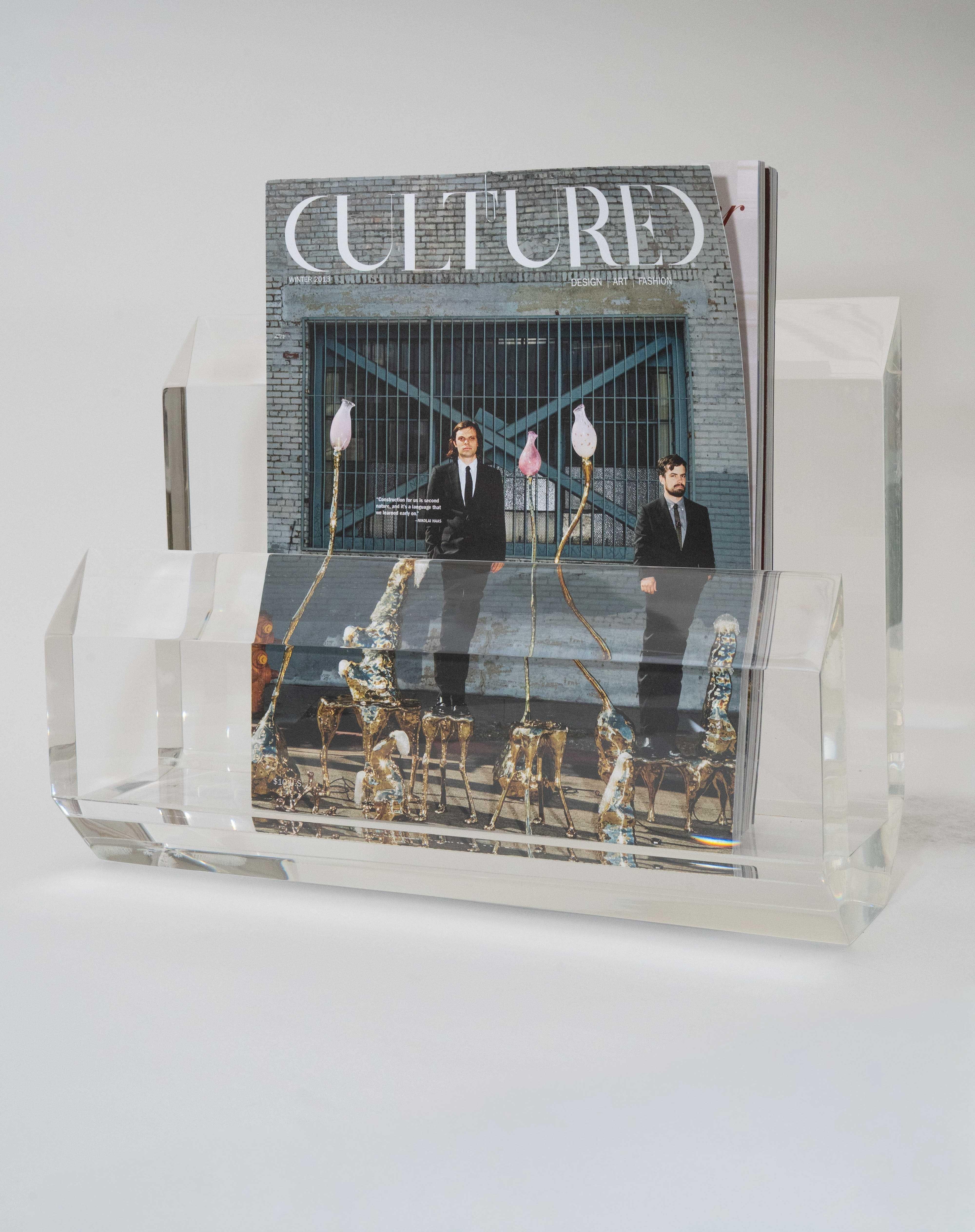 Modern Vintage Karl Springer Attributed Thick Lucite Magazine Stand For Sale