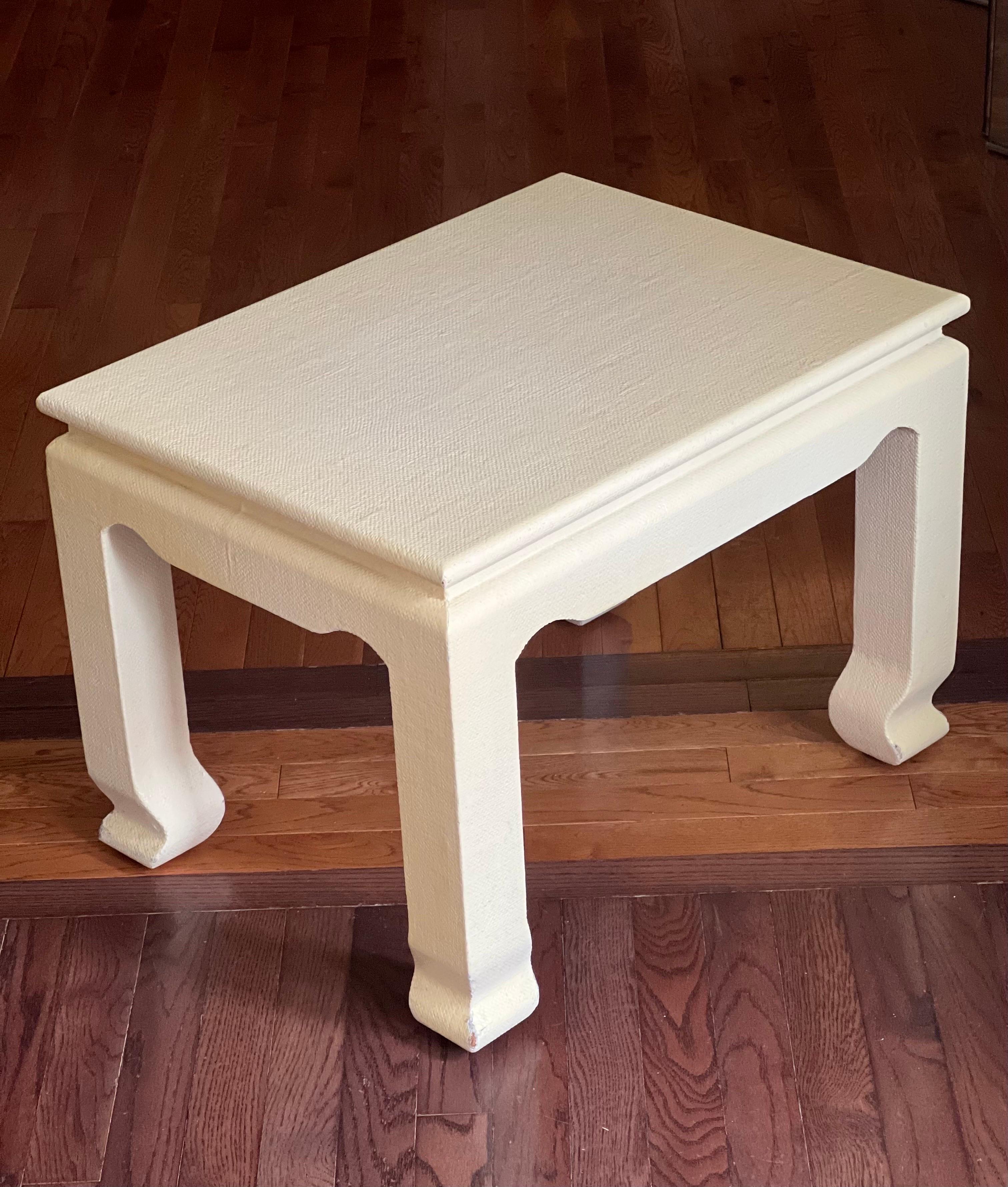 Fabulous vintage canvas wrapped Ming style side table, attributed to Karl Springer, 1970's. The table is a vibrant shade of cream with nice texture. Iconic, classic Karl Springer stye.