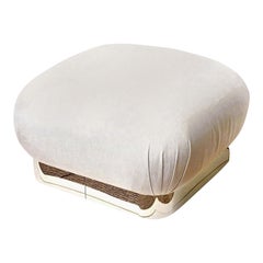 Vintage Karl Springer Large Upholstered Souffle Pouf Ottoman, Stainless Steel