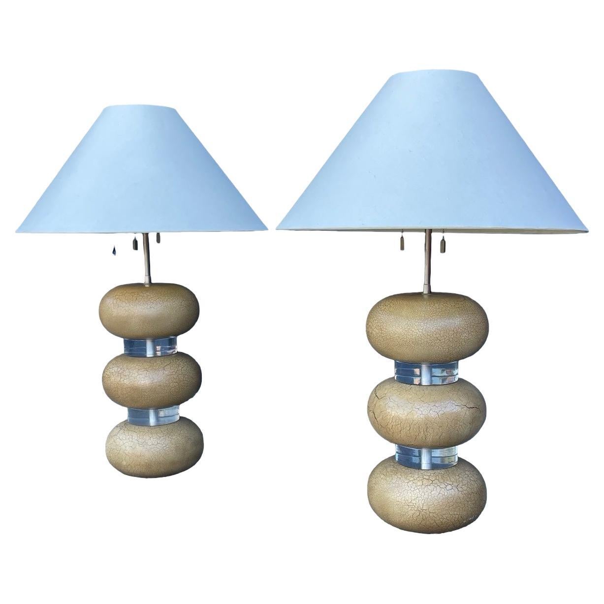 Vintage Karl Springer Lucite and Crackle Painted Table Lamps, 1970s en venta