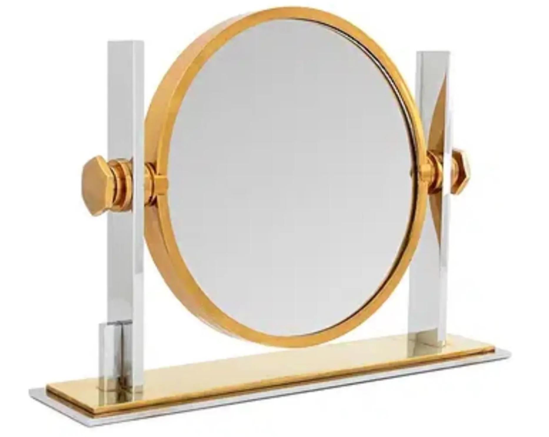 Miroir de table en chrome et laiton vintage Karl Springer Mid Century Modern.