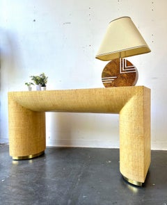 Vintage Karl Springer style Grasscloth console  with brass feet