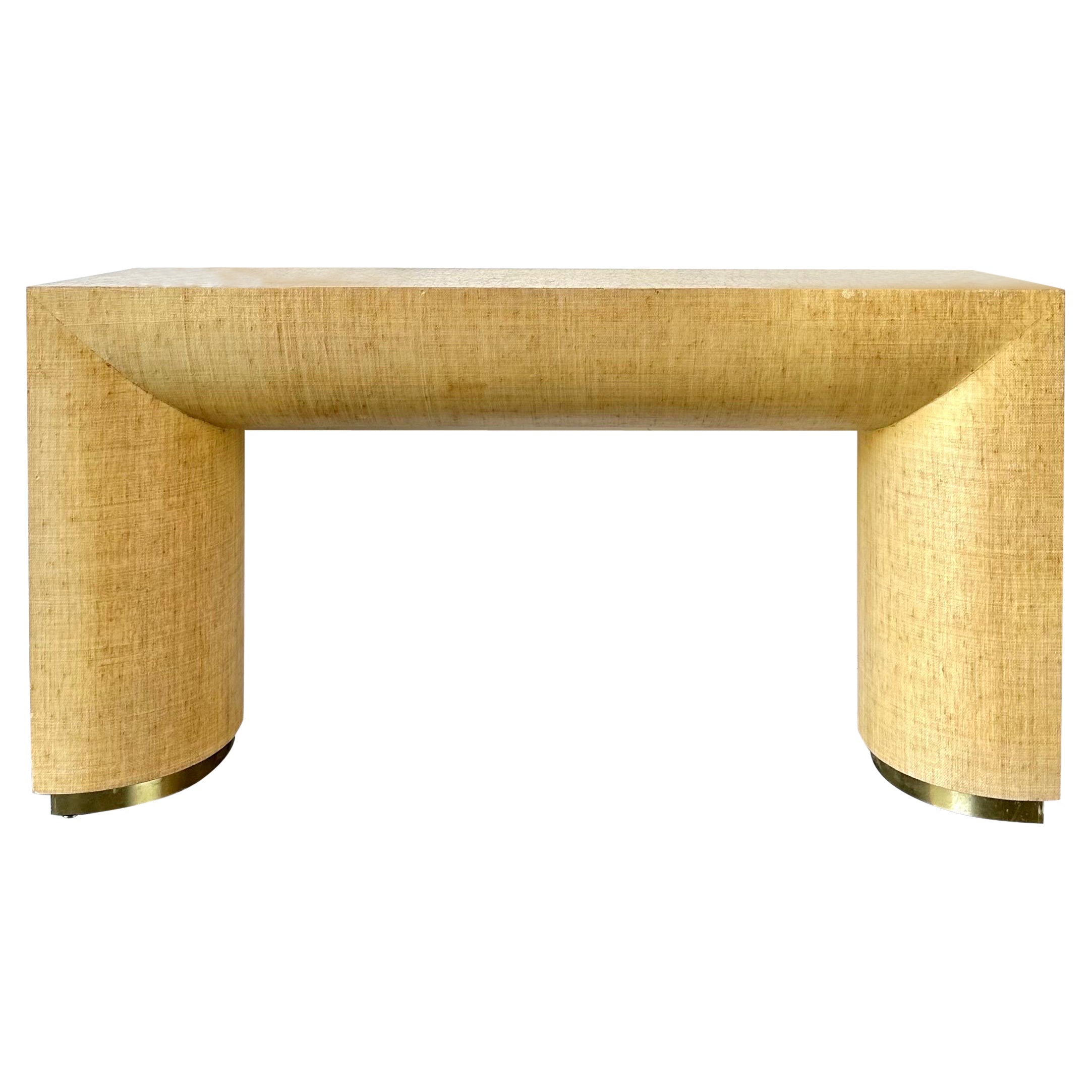 Vintage Karl Springer style Grasscloth console  with brass feet
