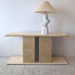Vintage Karl Springer style lacquered faux goatskin console table, USA 1980s