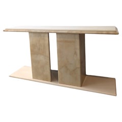Vintage Karl Springer style lacquered faux goatskin console table, USA 1980s