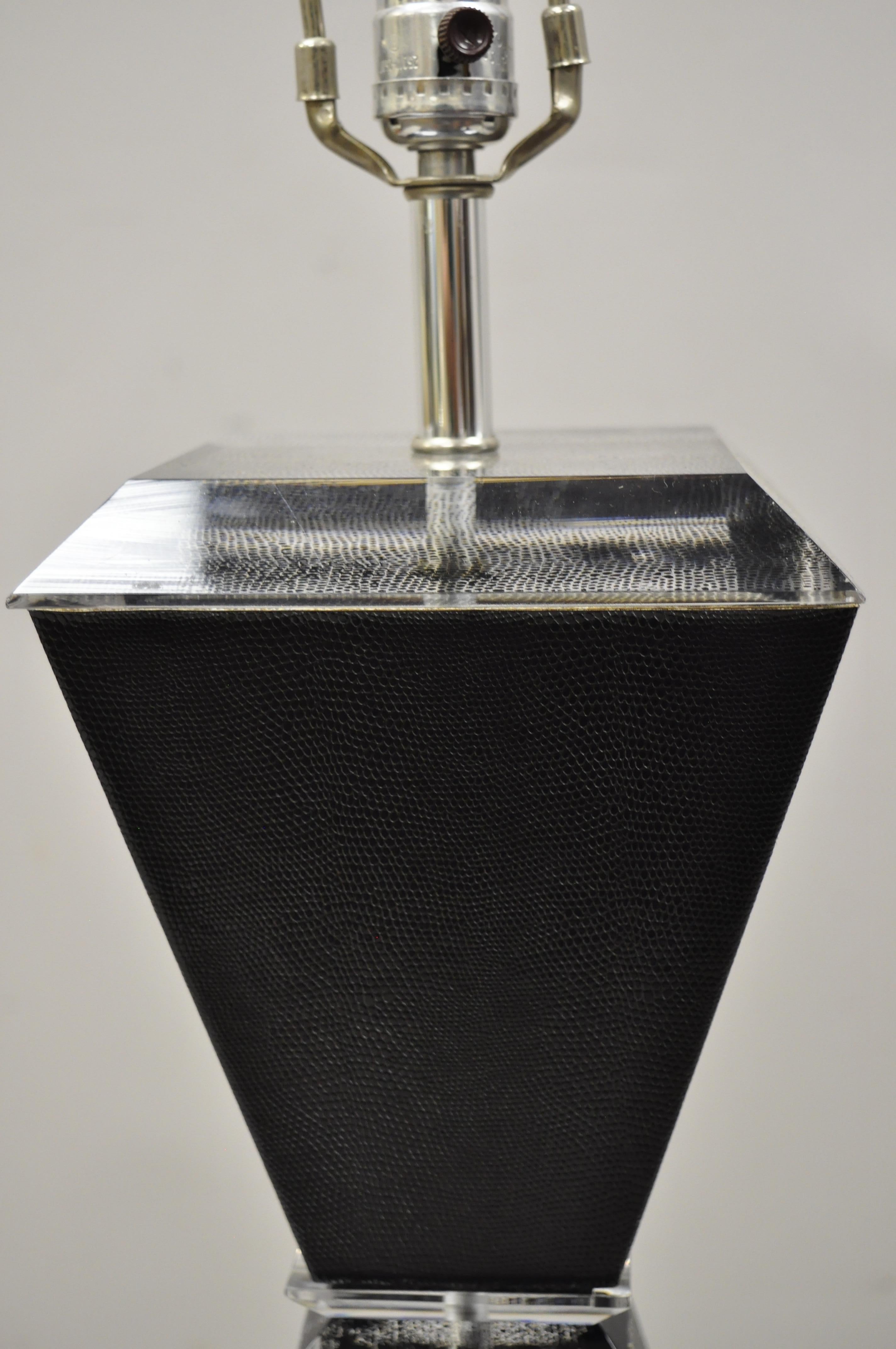 Mid-Century Modern Vintage Karl Springer Style Lucite Hourglass Black Faux Sharkskin Table Lamp For Sale