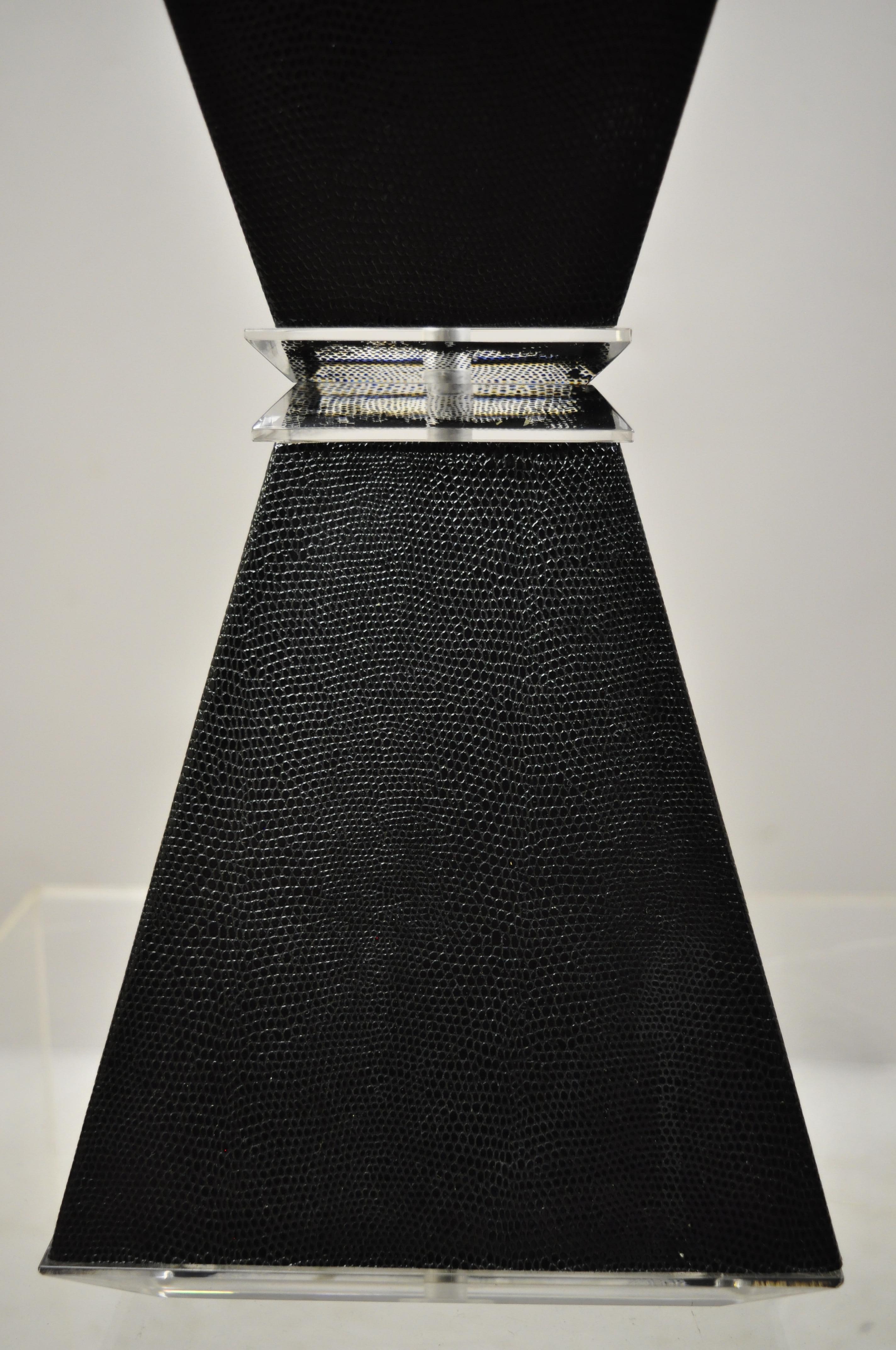 North American Vintage Karl Springer Style Lucite Hourglass Black Faux Sharkskin Table Lamp For Sale