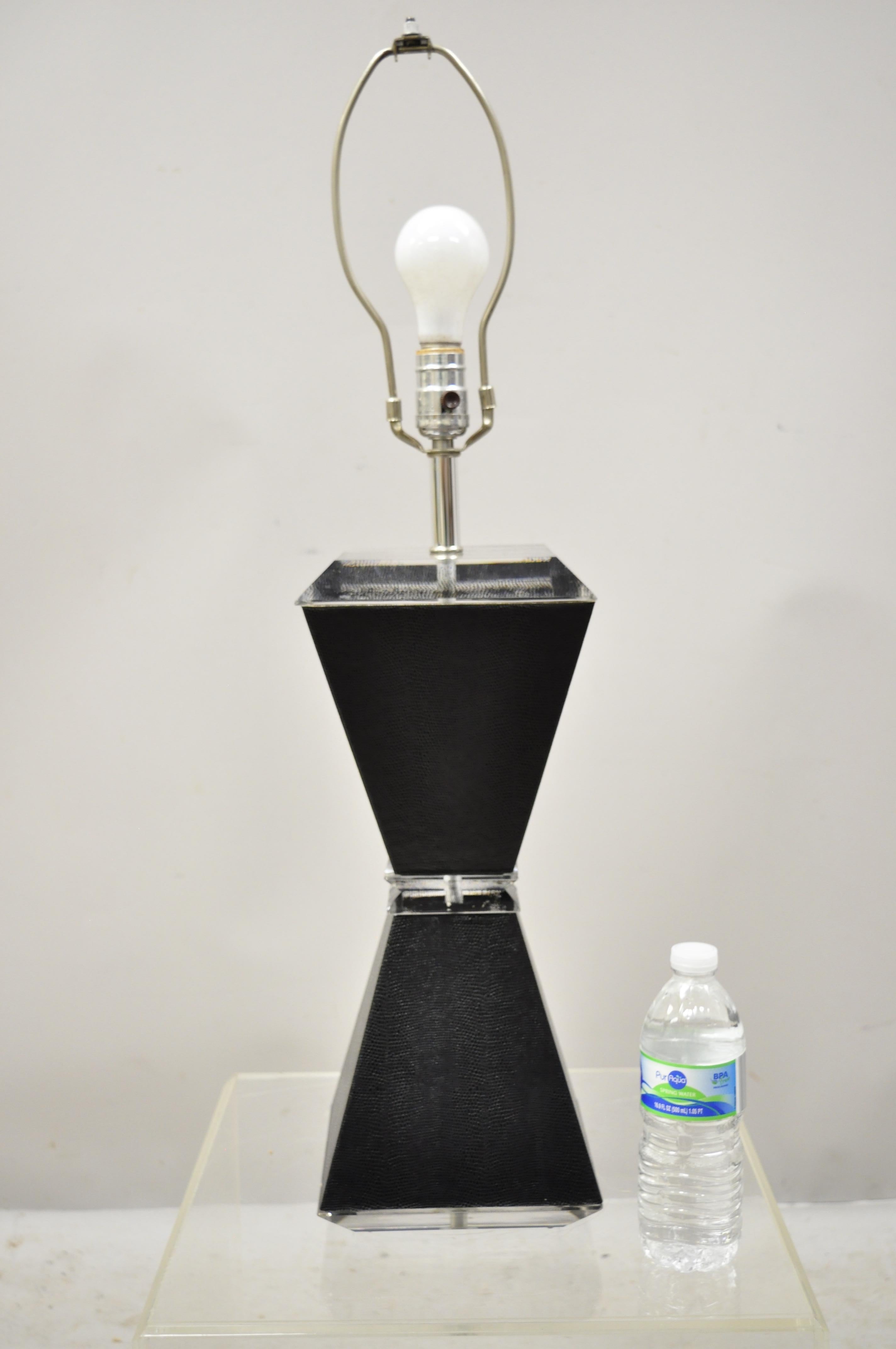 Animal Skin Vintage Karl Springer Style Lucite Hourglass Black Faux Sharkskin Table Lamp For Sale
