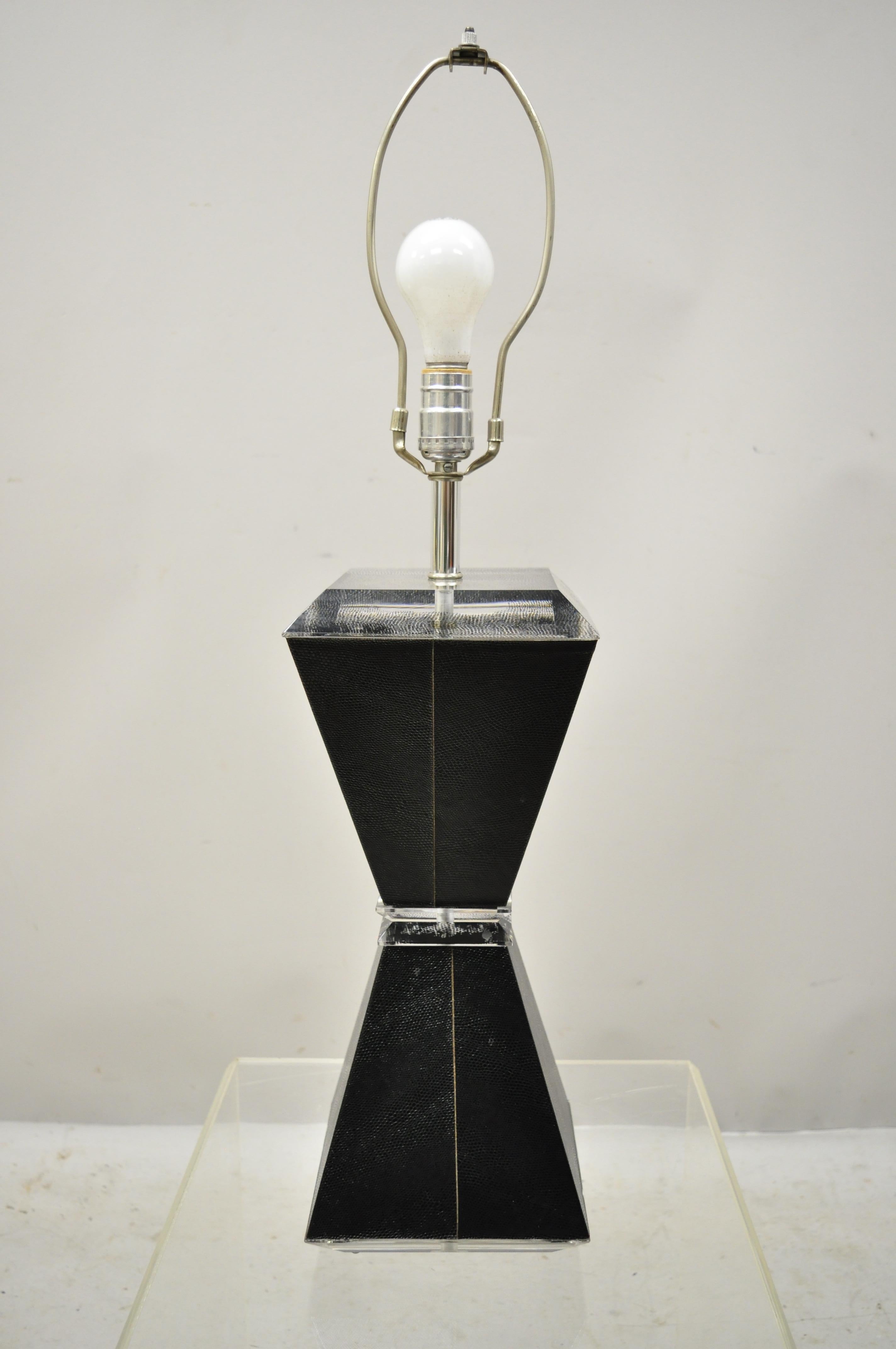 Vintage Karl Springer Style Lucite Hourglass Black Faux Sharkskin Table Lamp For Sale 1