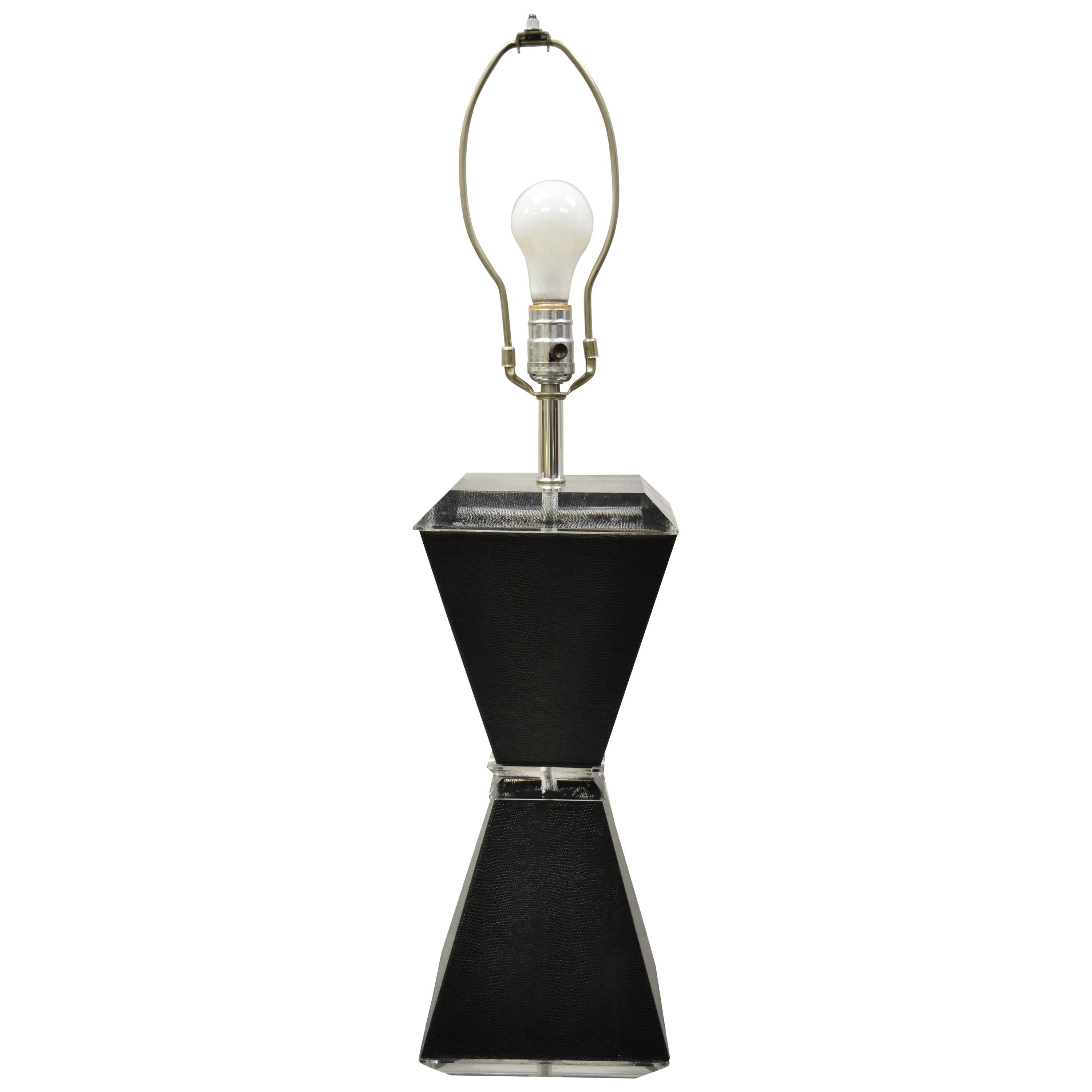 Vintage Karl Springer Style Lucite Hourglass Black Faux Sharkskin Table Lamp For Sale