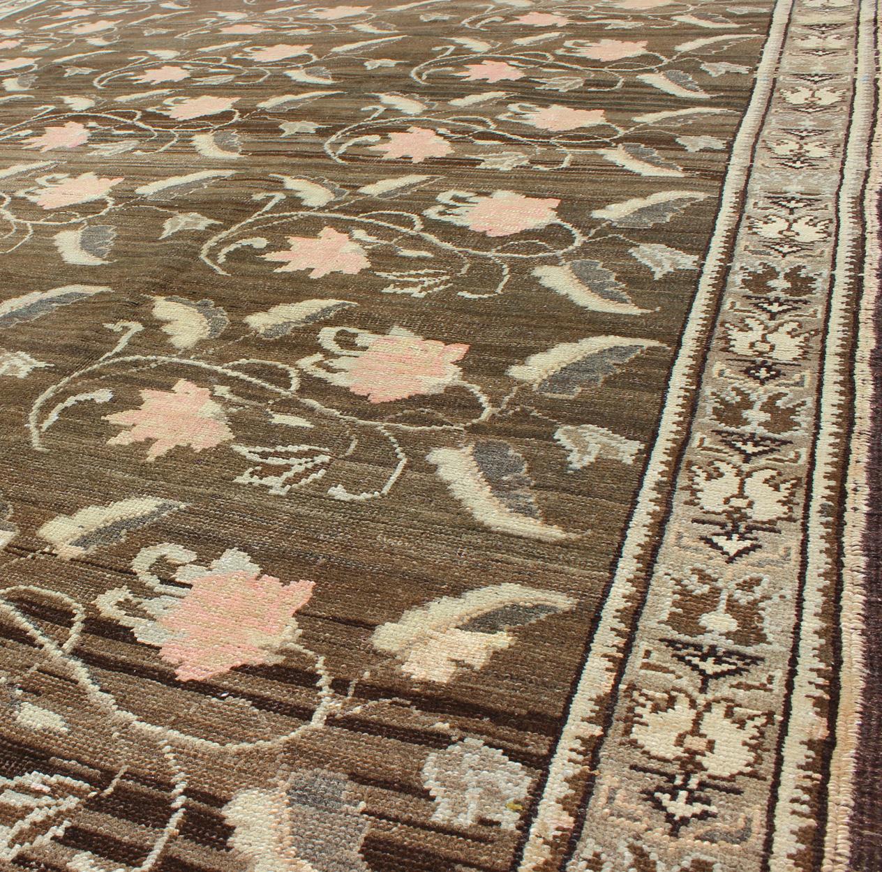 Vintage Kars Rug from Eastern Turkey with Rose Design Brown, Green, and Pink In Good Condition For Sale In Atlanta, GA