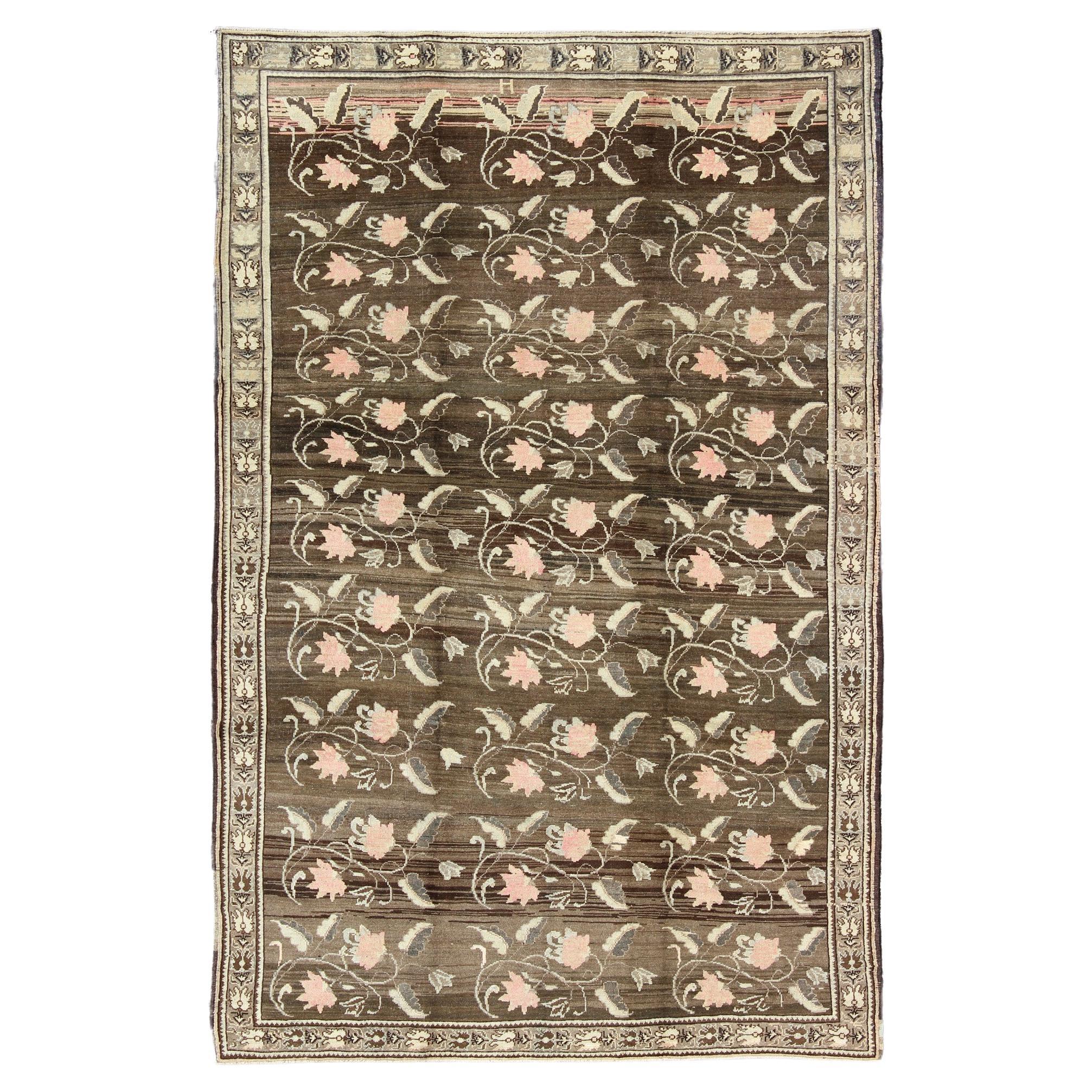 Vintage Kars Rug from Eastern Turkey with Rose Design Brown, Green, and Pink