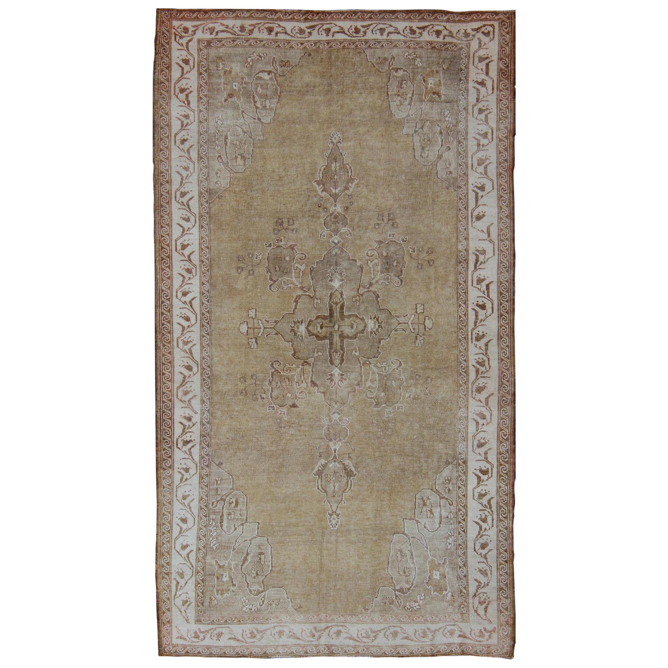 Vintage Turkish Kars Gallery Rug With Earthy Color Palette and Ivory Border