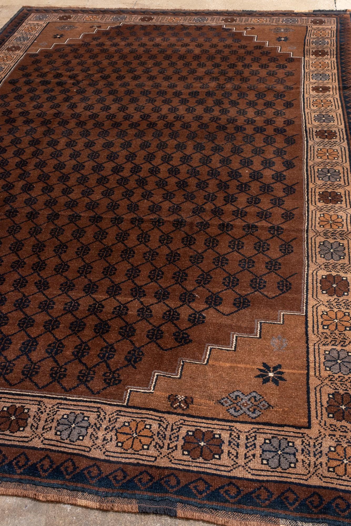 Turkish Vintage Kars Rug with Brown Field and Rosette Border For Sale