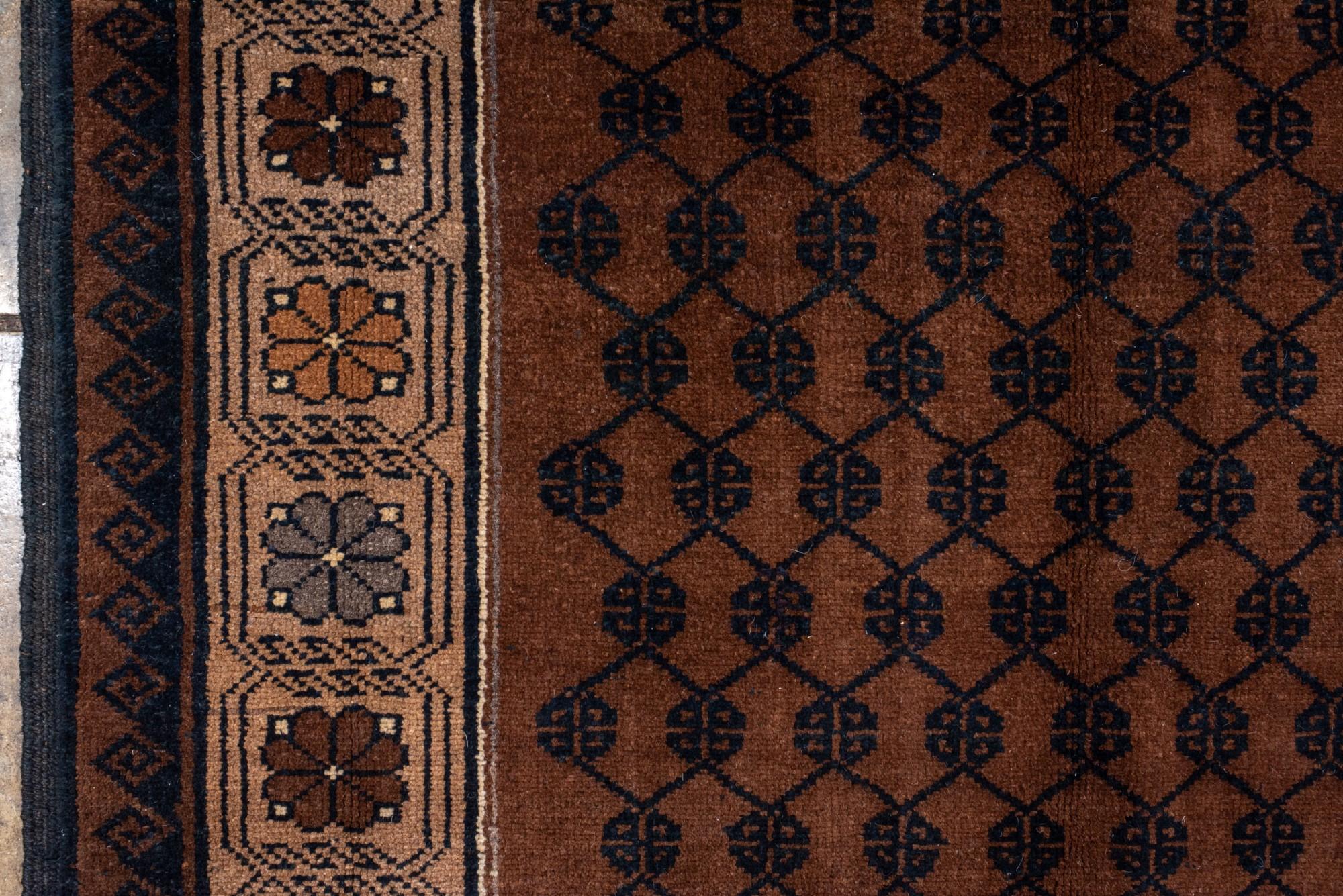 Vintage Kars Rug with Brown Field and Rosette Border In Good Condition For Sale In New York, NY