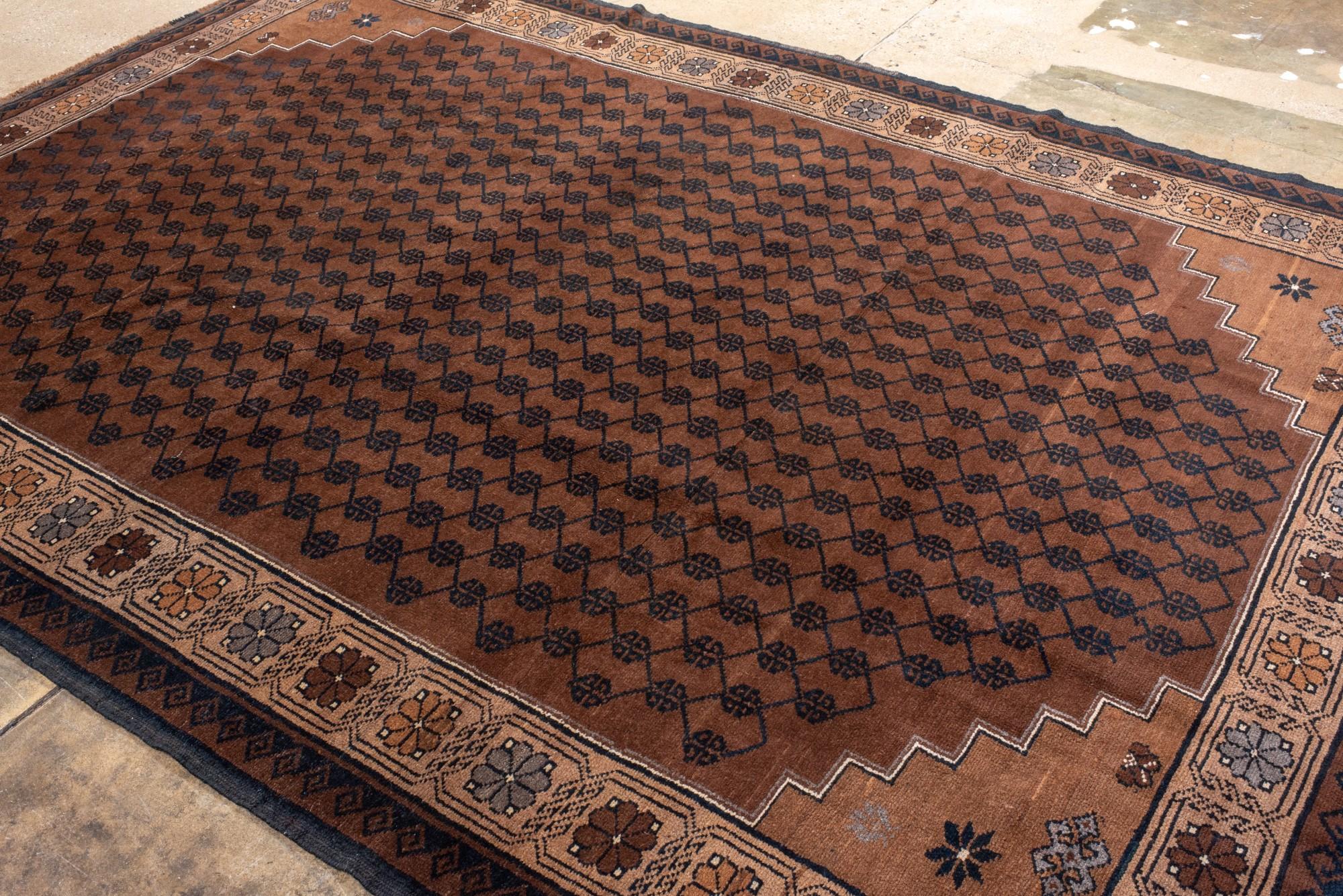 Vintage Kars Rug with Brown Field and Rosette Border For Sale 1