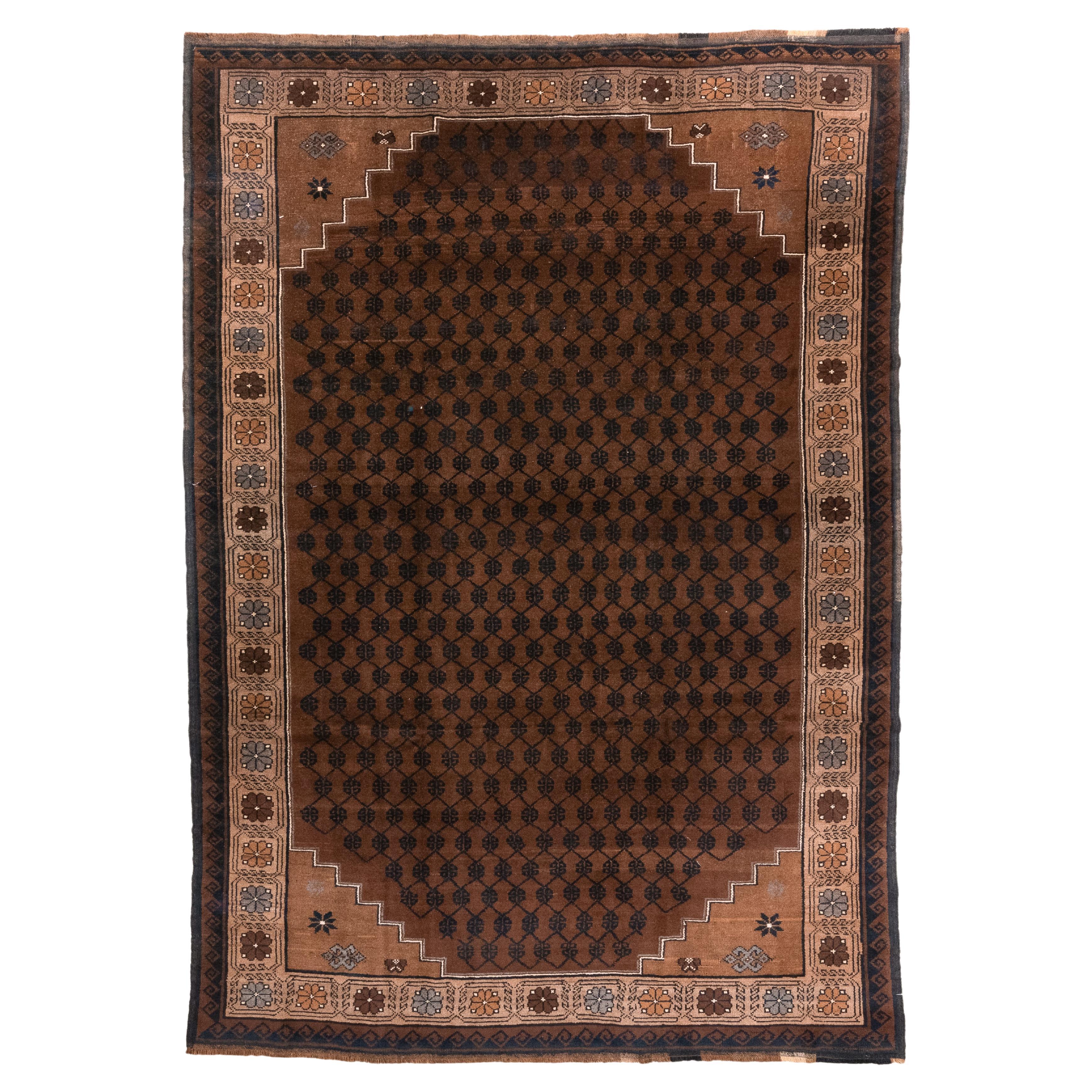 Tapis Vintage Kars avec champ Brown et bordure de rosettes